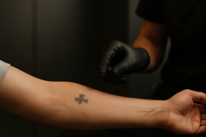 Un tatuaj negru mic, estompat, pe un antebraț, cu o mână cu mănușă lângă el