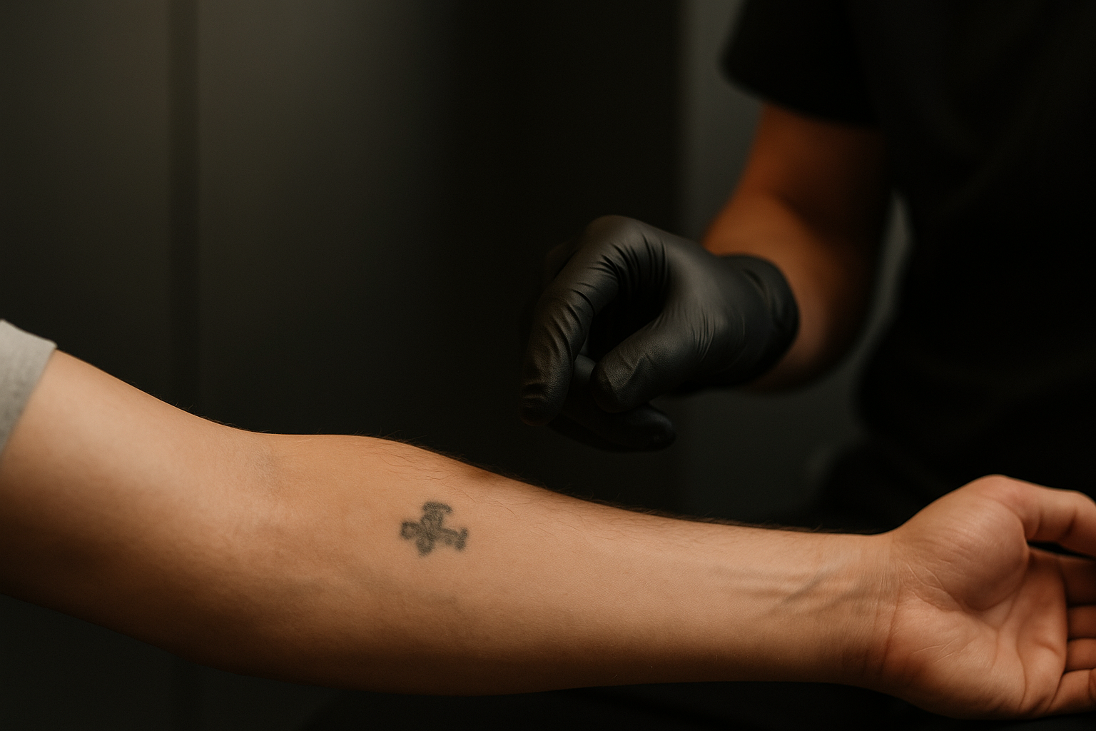 Un tatuaj negru mic, estompat, pe un antebraț, cu o mână cu mănușă lângă el