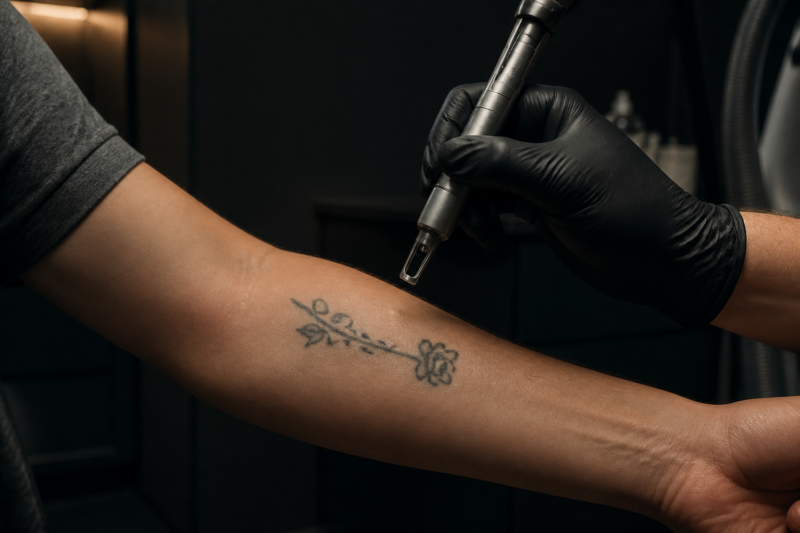 Un tatuaj negru mic, estompat, pe un antebraț, văzut de aproape