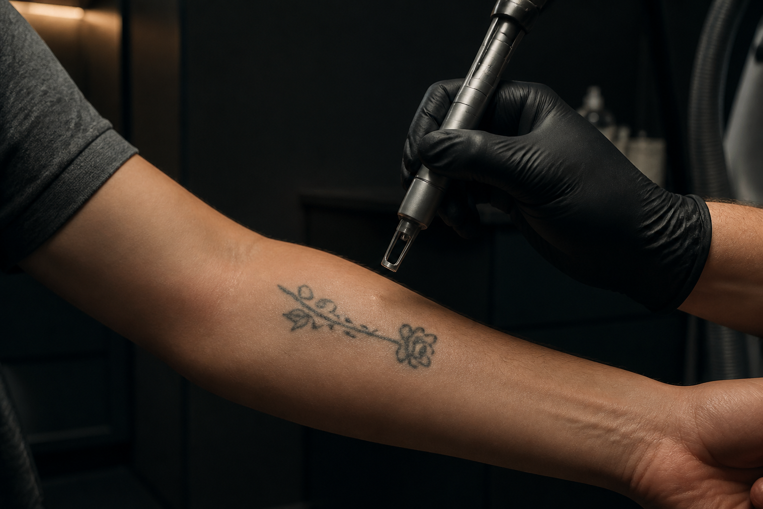 Un tatuaj negru mic, estompat, pe un antebraț, văzut de aproape